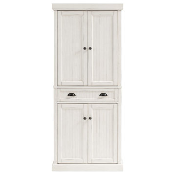 Tall Pantry Cabinet, Breadboard Paneled Doors & Storage Drawer, Distressed White
