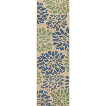 Zinnia Modern Floral Textured Weave Indoor/Outdoor, Navy/Green, 2x8