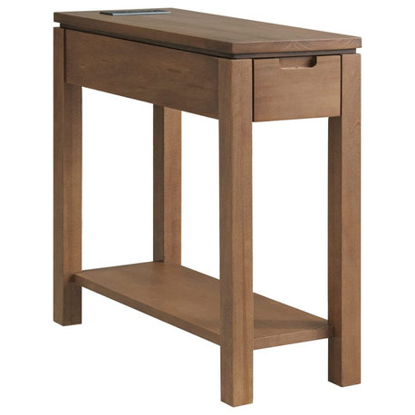 Slim Rustic Side Table with Storage Drawer and AC USB Power Outlet