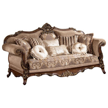 Best Master Winfrey Solid Wood and Chenille Sofa in Cherry/Gold Trim
