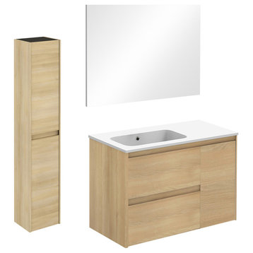 Ambra 90 Complete Vanity Unit With Column and Mirror, Nordic Oak