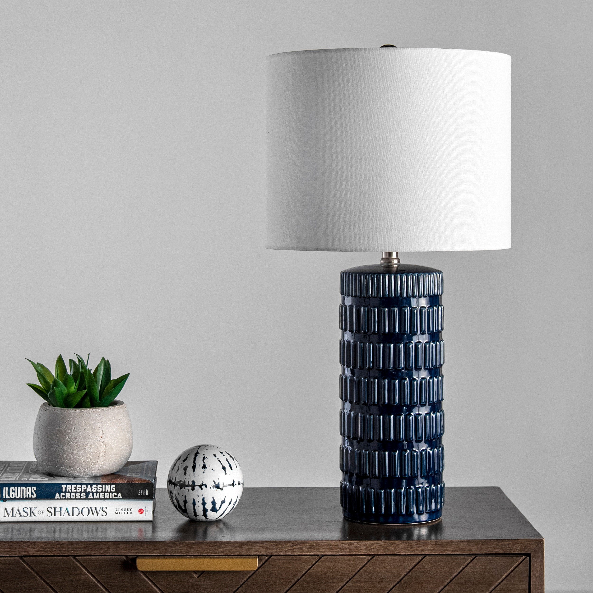 Nona Table Lamp | Ribbed Textured Teal Blue Ceramic | Off-White Shade