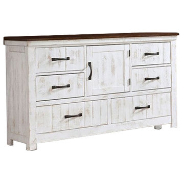 Benzara BM245813 Dresser, Plank Design 6 Drawers/Contrasting Top, White/Brown