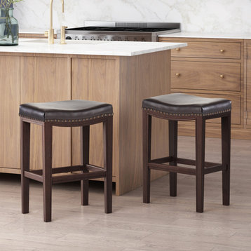GDF Studio Jaeden Contemporary Studded Backless Stools, Set of 2, Brown Leather Counter Height