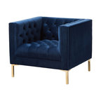 Zanetta Velvet Upholstered Gold Lounge Chair, Blue