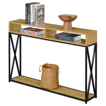 Tucson Deluxe Two-Tier Console Table in Light Oak Wood and Black Metal Frame