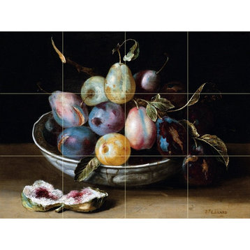 Tile Mural, Still Life Fruit Plums Fig Figs Ceramic Glossy