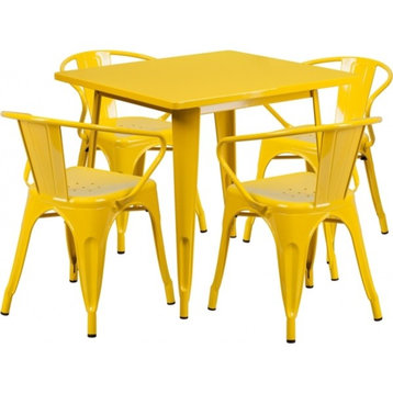 31.5'' Square Yellow Metal Indoor-Outdoor Table Set With 4 Arm Chairs