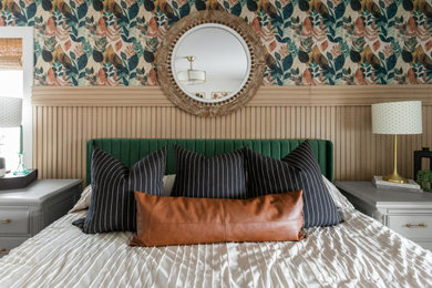 Mid-sized eclectic master carpeted, beige floor and wallpaper bedroom photo in Milwaukee with multicolored walls