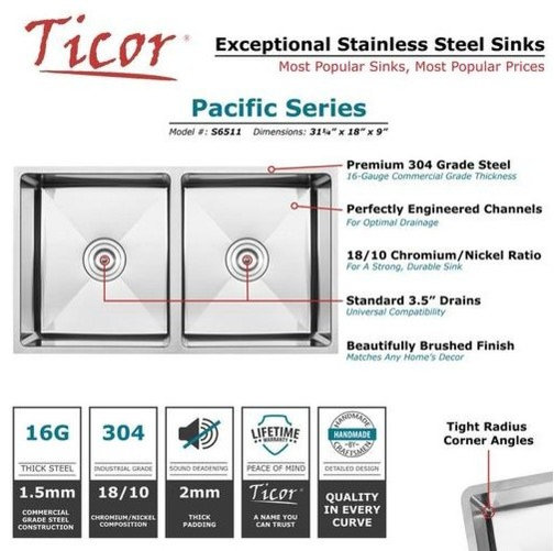 31.25" Undermount 16-Gauge Stainless Steel 50/50 Double Basin Kitchen Sink