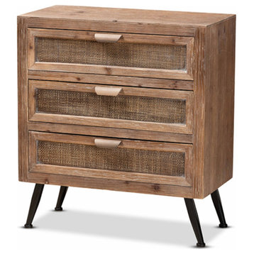 Whitewashed Natural Brown Finished Wood and Rattan 3-Drawer Storage Cabinet