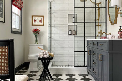 Inspiration for a mid-sized timeless master white tile and subway tile ceramic tile and double-sink bathroom remodel in Chicago with gray cabinets, a one-piece toilet, white walls, quartzite countertops, white countertops and a freestanding vanity