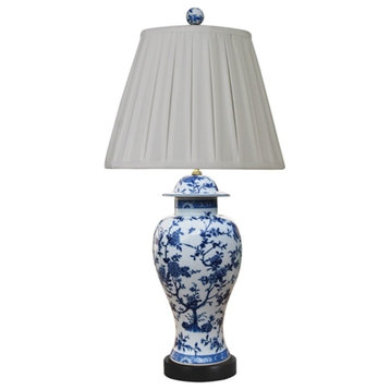 Blue and White Floral Motif Porcelain Temple Jar Table Lamp 29"