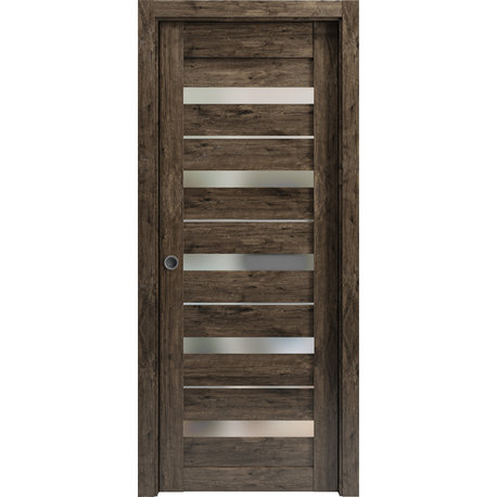 Sliding French Pocket Door 36 x 84, Quadro 4445 Cognac Oak & Frosted Glass
