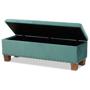 Modern Teal Blue Velvet Fabric Upholstered Button-Tufted Storage Ottoman Bench