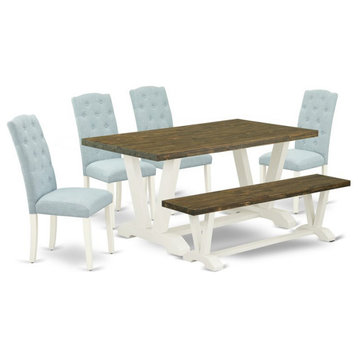 East West Furniture V-Style 6-piece Wood Dining Set in White/Baby Blue
