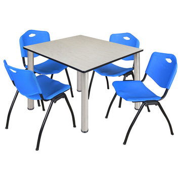 Kee 48" Square Breakroom Table- Maple/ Chrome & 4 'M' Stack Chairs- Blue