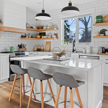 Modern farmhouse kitchen with wooden open shelving - Ramona Aline Home