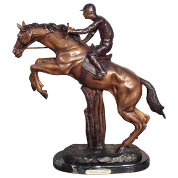 Remington Design, "Jockey Jumping" Bronze Sculpture With Marble Base