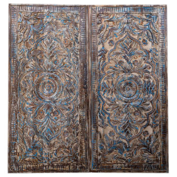 Consigned Blue Haveli Lotus Sliding Barn Door, Floral Door, Artistic Barndoor