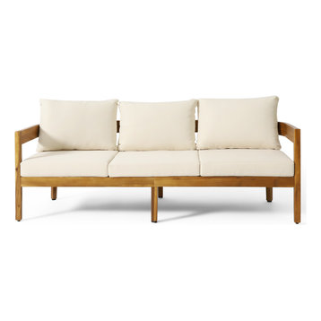 Brooklyn Outdoor Acacia Wood 3 Seater Sofa with Cushions, Teak and Beige