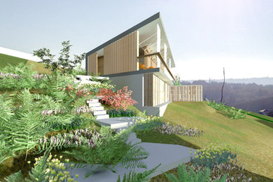 Idées déco pour une grande façade de maison beige moderne en bois à deux étages et plus avec un toit plat.