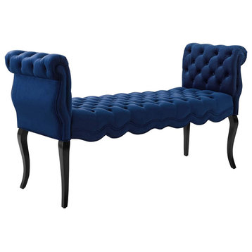 Mid Century Bench, Chesterfield Design With Tufted Velvet Seat and Arms, Navy