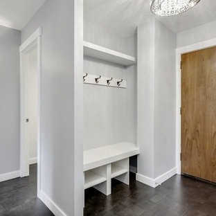 Новый формат декора квартиры: маленькая входная дверь в стиле современная классика с серыми стенами, пробковым полом, одностворчатой входной дверью, входной дверью из дерева среднего тона и коричневым полом