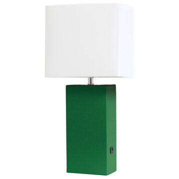 Elegant Designs Modern Leather Table Lamp with USB and White Fabric Shade, Green