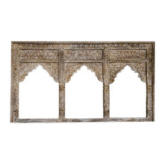 Consigned Vintage Triple Arch White Wash Mirror Hand Carved Jharokha Wall Mirror
