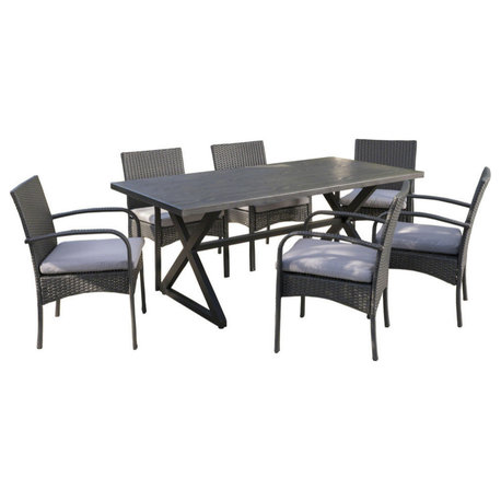 GDF Studio 7-Piece Ashley Outdoor Aluminum Dining Set With Wicker Dining Chairs