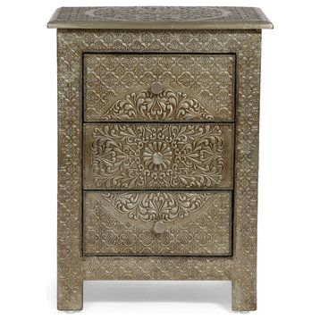 Boho End Table, Mango Wood Frame With Unique Silver Patterned Cover & 3 Drawers
