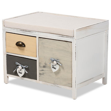 Sophie Transitional Beige Fabric and Wood 3-Drawer Storage Bench