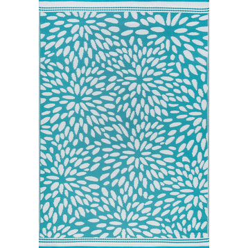 Nuala Transitional Floral Aqua/White Rectangle Indoor/Outdoor Area Rug, 6'x9'