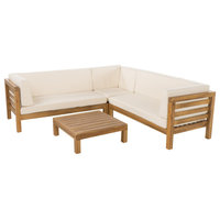 GDF Studio Oana Outdoor 5 Seater V Shaped Acacia Wood Sectional Sofa Set, Teak/Beige