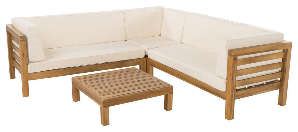 GDF Studio Oana Outdoor 5 Seater V Shaped Acacia Wood Sectional Sofa Set, Teak/Beige