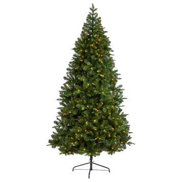 8' Grand Teton Spruce Flat Back Faux Xmas Tree W/280 Lights & Bendable Branches
