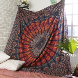 Cotton Navy Blue Floral Printed Mandala Tapestry - Tapestries