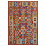 Bareens Designer Rugs - Rustic Turkish Kilim Rodolfo Hand-Woven Wool Rug - 8'3'' x 9'10'' - Elevate the elegance of your home with this stunning hand-woven tribal Kilim wool rug. Meticulously crafted on a loom by the Nomad Turkman people using hand-spun wool and 100% natural vegetable dyes, these rugs are recognized for their repetitive geometric patterns, incorporating naturalistic floral and traditional designs. The contemporary fashion palette results in bold, sharp patterns that are incredibly versatile, as the pattern is the same on both sides. These reversible rugs feature a lighter shade on one side and brighter colors on the other, providing versatility according to preference. These unique rugs are made by knotting short strands of different colors onto the warps and securing them by tightly pressing the wefts. The designs are created by interweaving the various colored wefts and warps. Kilims are known for their exceptional durability and versatility, making them truly unique rugs.  Product Details    Rug Size: 8'3'' x 9'10''  Material: 100% Wool  Style: Kilim, Flat Weave, Dhurrie, Turkish, Southwestern, Rustic, Tribal  Colors: Rust, Beige, Blue, Brown  Weave Type: Hand-Woven, Handmade  Pile Height: Less than 0.25 inch