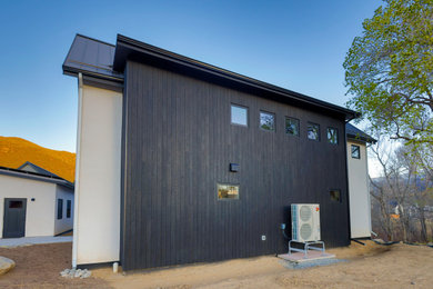 Large modern wood exterior home idea in Denver