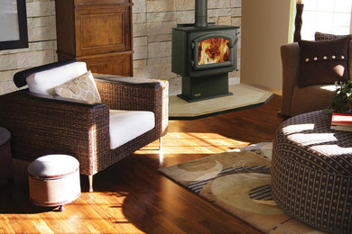 Example of a mid-sized classic formal and open concept carpeted and beige floor living room design in Bridgeport with beige walls, a wood stove, a tile fireplace and no tv