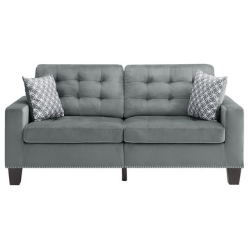 Elegant Sofa, Microfiber Upholstery With Biscuits Tufting & Nailhead, Gray