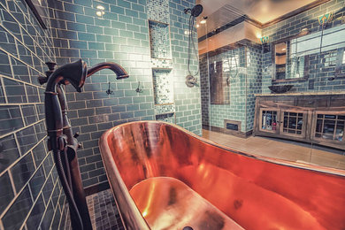 Mid-sized master green tile and glass tile porcelain tile and gray floor bathroom photo in Detroit with furniture-like cabinets, dark wood cabinets, a one-piece toilet, beige walls, a vessel sink, granite countertops, a hinged shower door and brown countertops