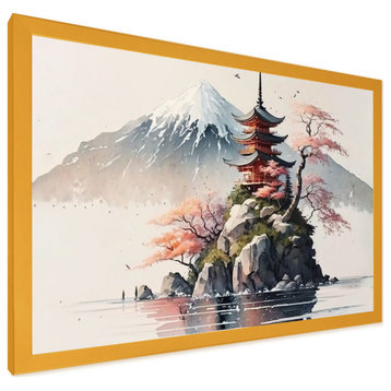 Japanese Landscape In Watercolor I Framed Print, 44x34, Gold