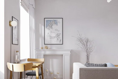 Foto de salón blanco y madera actual pequeño sin televisor con paredes blancas, suelo de madera en tonos medios, todas las chimeneas y marco de chimenea de madera