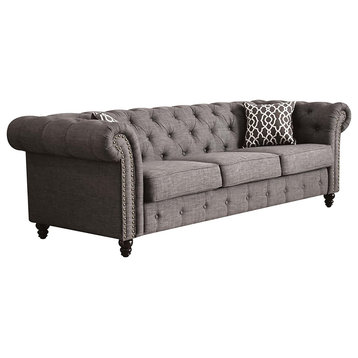 Chesterfield Sofa, Button Tufted Rolled Arms and Back With 2 Pillows, Gray Linen
