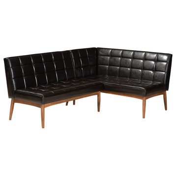 Devin Midcentury Modern 2-Piece Dining Banquette Seat, Dark Brown Faux Leather