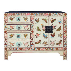 Oriental Distressed Off White Golden Butterflies Drawers Storage Cabinet - Side Tables And End Tables