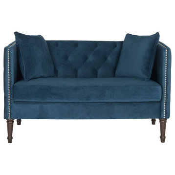 Raya Tufted Settee With Pillows Navy/ Espresso