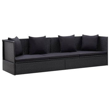 vidaXL Patio Couch Sunlounger Sunbed with Cushion and Pillow Poly Rattan Black